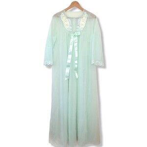 Vintage Shadowline Nylon Lace Long Sleeve Sea Green Maxi Nightgown Lingerie Lg